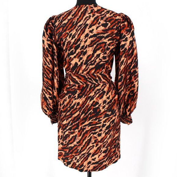 Sandro Lunas Abstract Leopard Print Silk Belted Dress 1 Long Sleeves V-Neck Mini - Picture 7 of 8